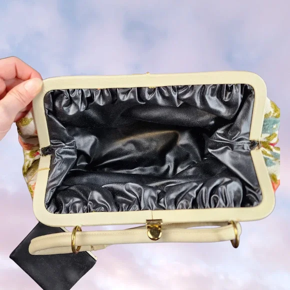 Vtg 60s Colorful White Red Yellow Blue Green Retro Tapestry Floral Hand Bag - Picture 4 of 8